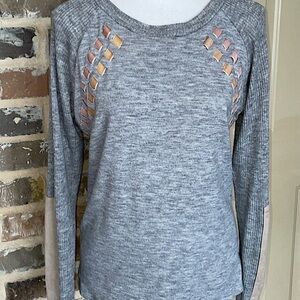 THML Gray Velour Ribbon Laced and Patched Long Sleeve Sweater Size Small